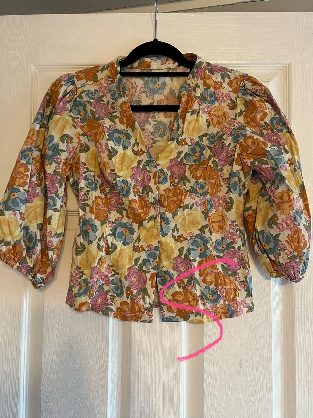 Lush Floral Puff-Sleeve V-Neck Blouse in Yellow, Rust, Blue, Pink & Cream